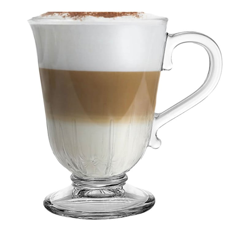 Szklanki z uchem 320 ml na stopce Altom Siena Promienie kubki do herbaty kawy latte macchiato komplet 6 sztuk z łyżeczkami