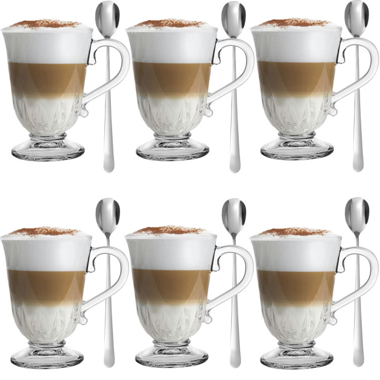 Szklanki z uchem 320 ml Altom Siena Pawie Pióro kubki do herbaty kawy latte macchiato komplet 6 sztuk z łyżeczkami