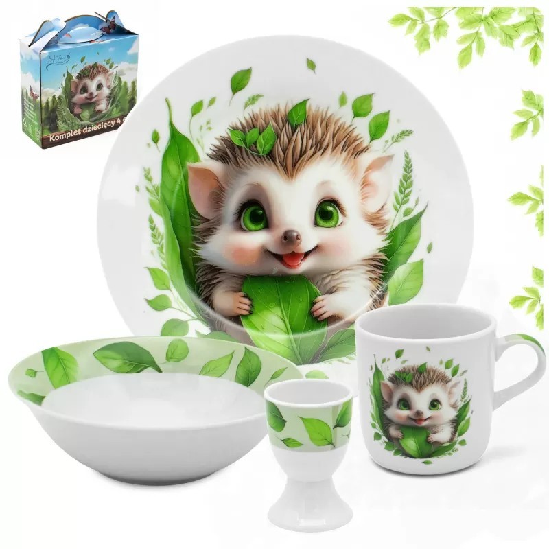 Zestaw obiadowy porcelana dla dzieci Bella Fiore 4 elementy Jeżyk kubek talerzyk miseczka kieliszek na jajko