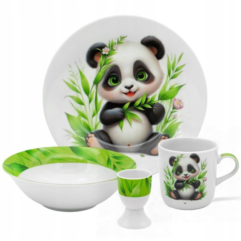 Zestaw obiadowy porcelana dla dzieci Bella Fiore 4 elementy Panda kubek talerzyk miseczka kieliszek na jajko