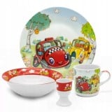 Zestaw obiadowy porcelana dla dzieci Bella Fiore 4 elementy Auta kubek talerzyk miseczka kieliszek na jajko