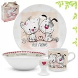 Zestaw obiadowy porcelana dla dzieci Bella Fiore 4 elementy Kotek i Piesek  kubek talerzyk miseczka kieliszek na jajko