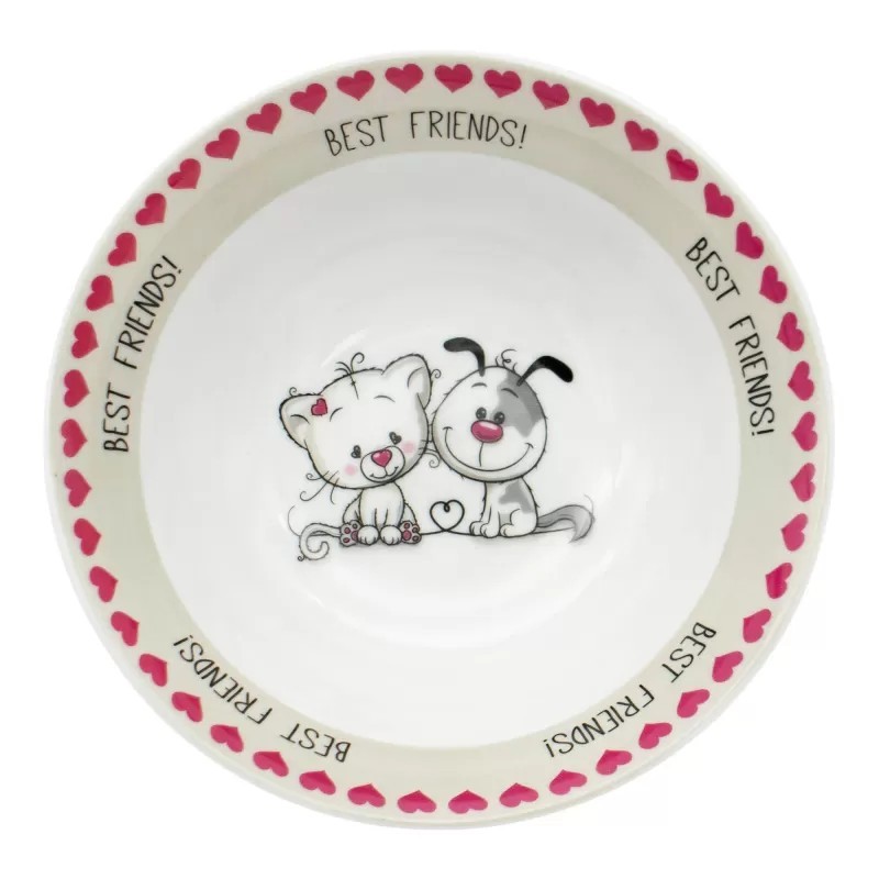 Zestaw obiadowy porcelana dla dzieci Bella Fiore 4 elementy Kotek i Piesek kubek talerzyk miseczka kieliszek na jajko