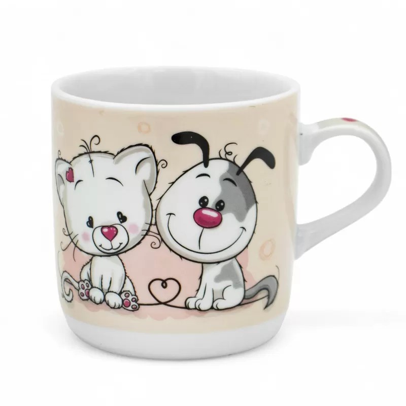 Zestaw obiadowy porcelana dla dzieci Bella Fiore 4 elementy Kotek i Piesek kubek talerzyk miseczka kieliszek na jajko