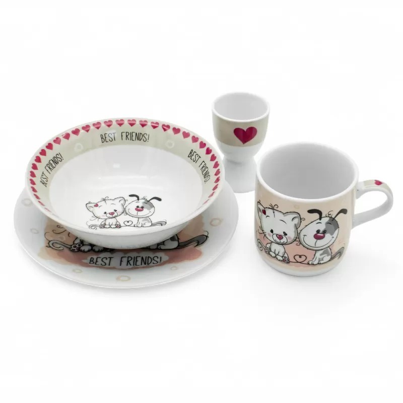 Zestaw obiadowy porcelana dla dzieci Bella Fiore 4 elementy Kotek i Piesek kubek talerzyk miseczka kieliszek na jajko