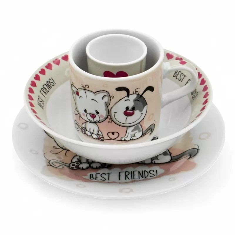 Zestaw obiadowy porcelana dla dzieci Bella Fiore 4 elementy Kotek i Piesek kubek talerzyk miseczka kieliszek na jajko