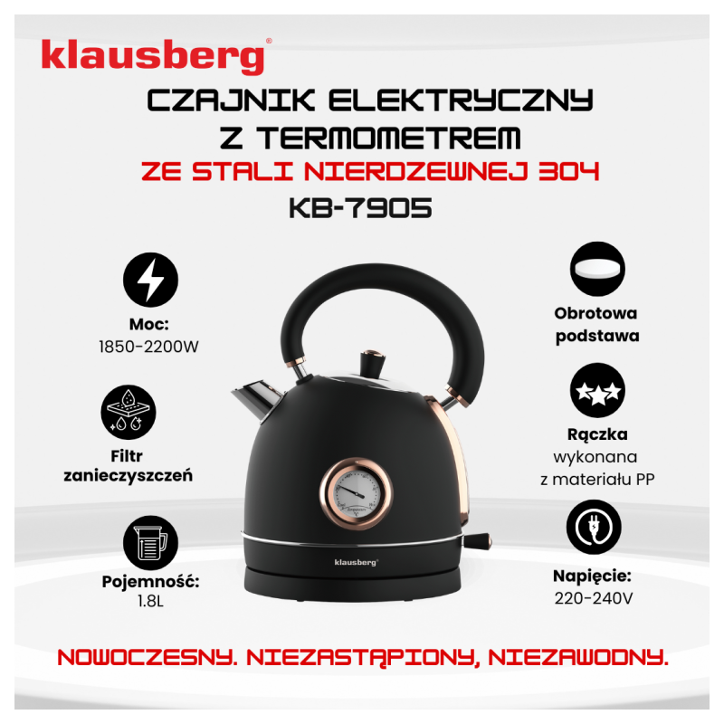 Czajnik elektryczny stalowy 1.8L czarny z termometrem 2200W Klausberg KB7905