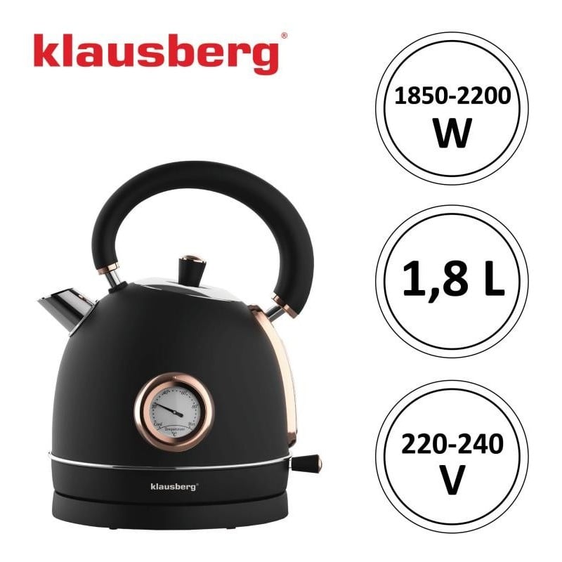 Czajnik elektryczny stalowy 1.8L czarny z termometrem 2200W Klausberg KB7905