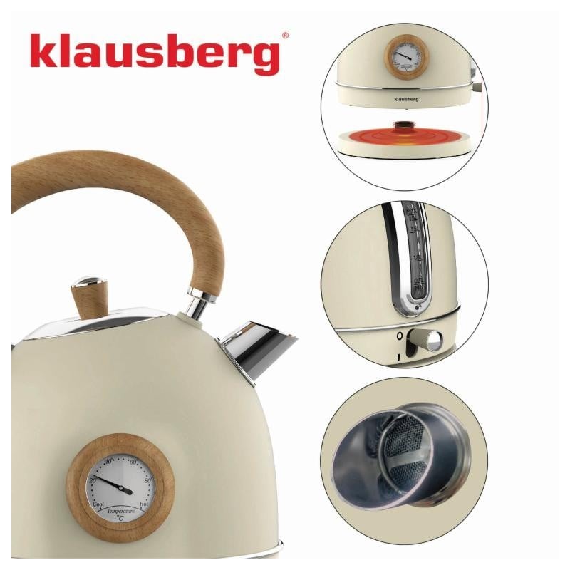 Czajnik elektryczny stalowy 1.8L kremowy z termometrem 2200W Klausberg KB7906