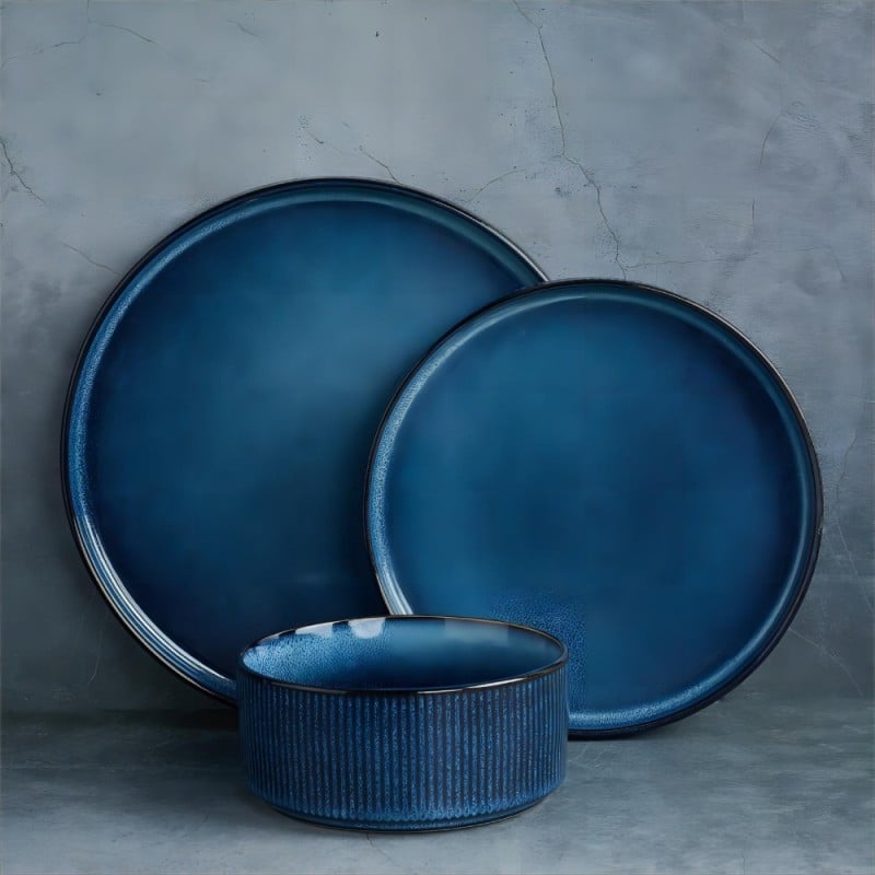 Talerz deserowy porcelanowy 21 cm Florina Evia Blue granatowy prążkowany modern