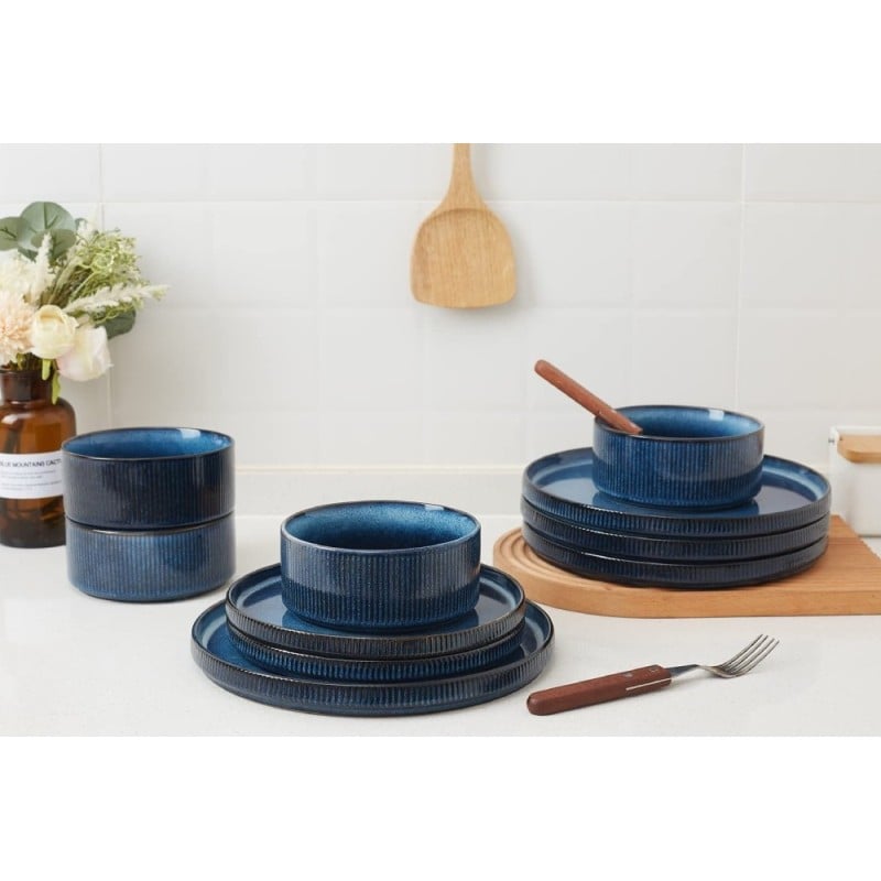 Talerz deserowy porcelanowy 21 cm Florina Evia Blue granatowy prążkowany modern
