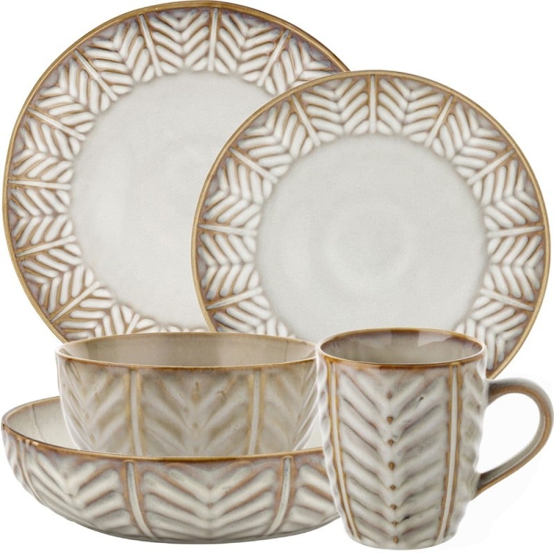 Serwis obiadowy porcelanowy Florina Lehti 30 elementów zestaw talerzy salaterek kubków dla 6 osób liście