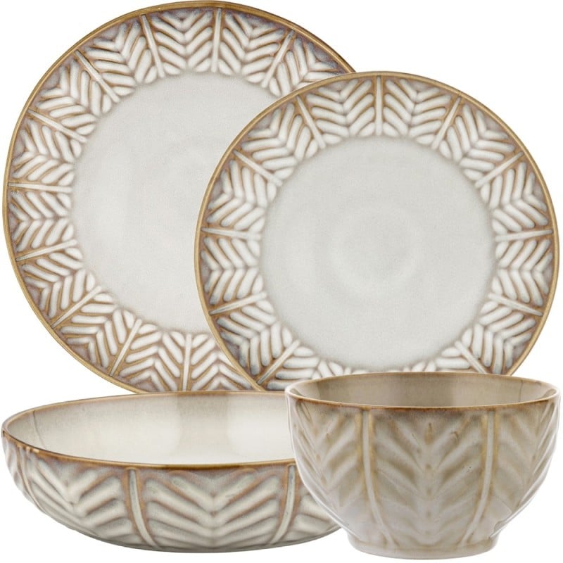 Serwis obiadowy porcelanowy Florina Lehti 42 elementy zestaw talerzy salaterek kubków filiżanek dla 6 osób liście