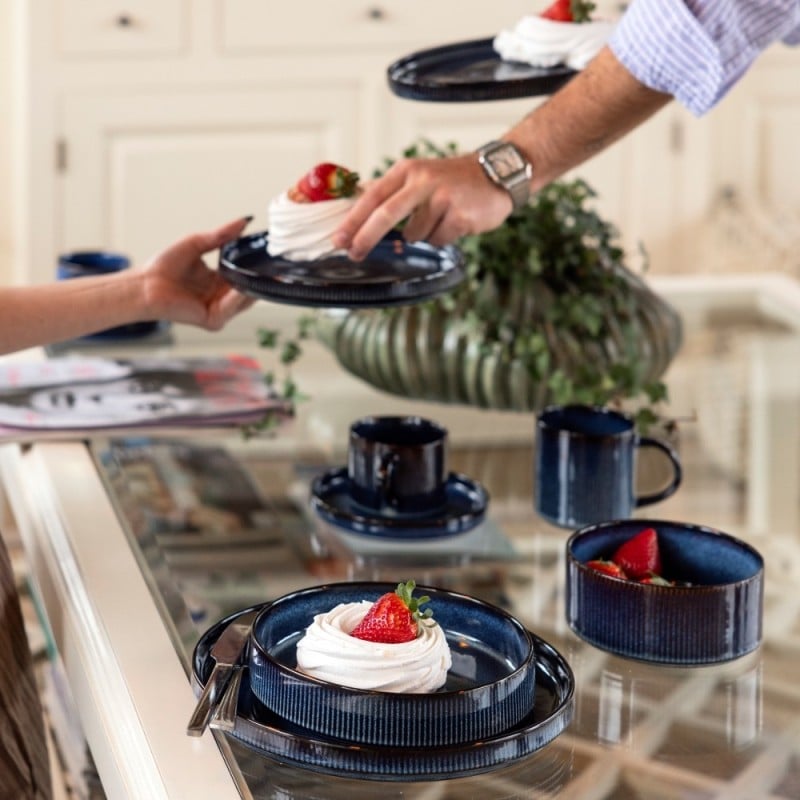 Talerz owalny patera półmisek porcelanowy Florina Evia Blue granatowy prążkowany modern