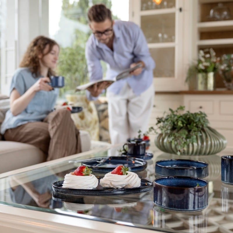 Talerz owalny patera półmisek porcelanowy Florina Evia Blue granatowy prążkowany modern