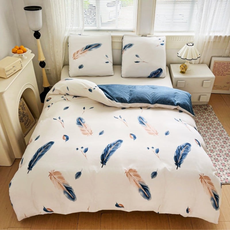 Pościel 160x200 bawełna satynowa dwustronna GierekHoff gruba 3 części GH 3099 biało niebieska w pióra