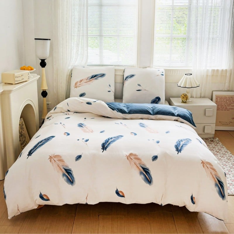 Pościel 160x200 bawełna satynowa dwustronna GierekHoff gruba 3 części GH 3099 biało niebieska w pióra