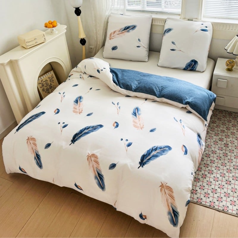 Pościel 200x220 bawełna satynowa dwustronna GierekHoff gruba 3 części GH 3099 biało niebieska w pióra