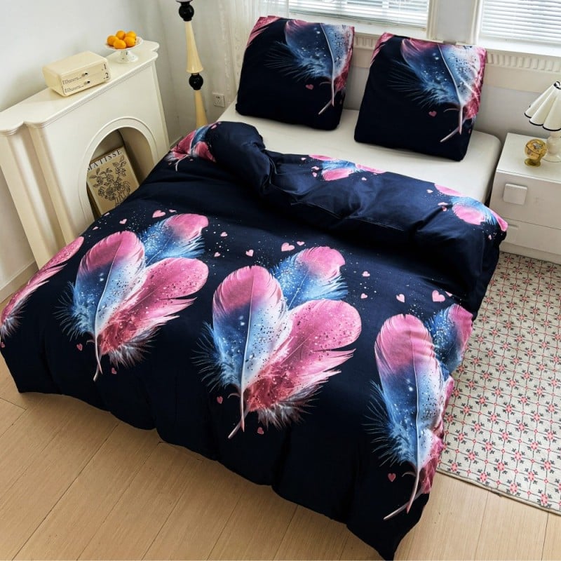 Pościel 160x200 bawełna satynowa dwustronna GierekHoff gruba 3 części GH 3101 granatowe w pióra