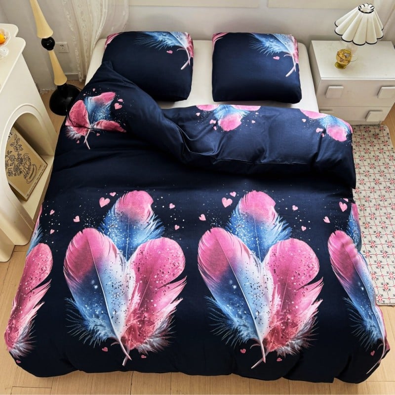 Pościel 200x220 bawełna satynowa dwustronna GierekHoff gruba 3 części GH 3101 granatowe w pióra