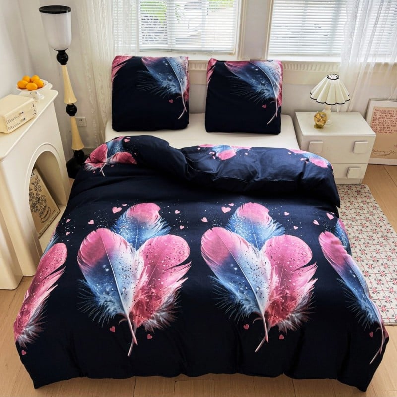 Pościel 200x220 bawełna satynowa dwustronna GierekHoff gruba 3 części GH 3101 granatowe w pióra