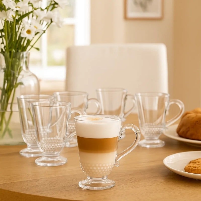 Szklanki z uchem 320 ml Altom Siena Perełki kubki do herbaty kawy latte macchiato komplet 6 sztuk z łyżeczkami