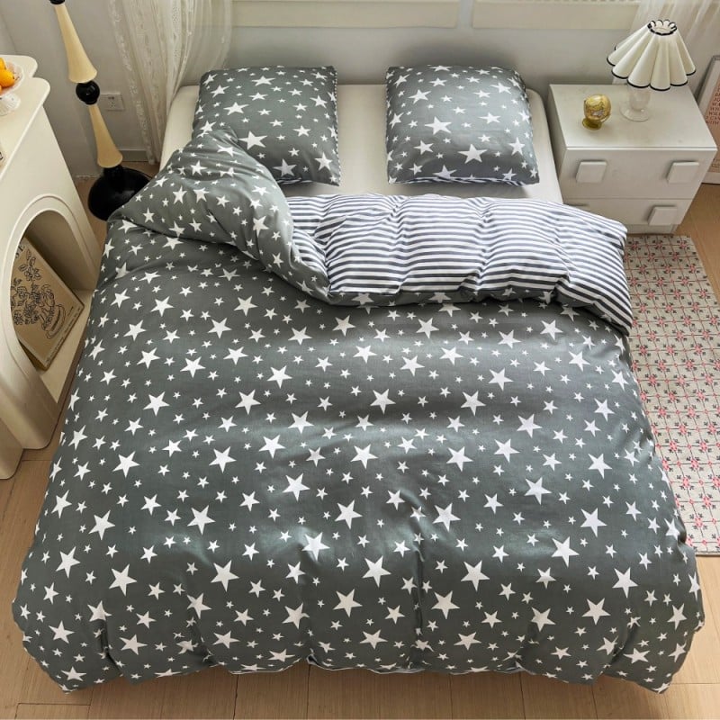 Pościel 140x200 bawełna satynowa dwustronna GierekHoff gruba 2 części GH 3103 szara w gwiazdki