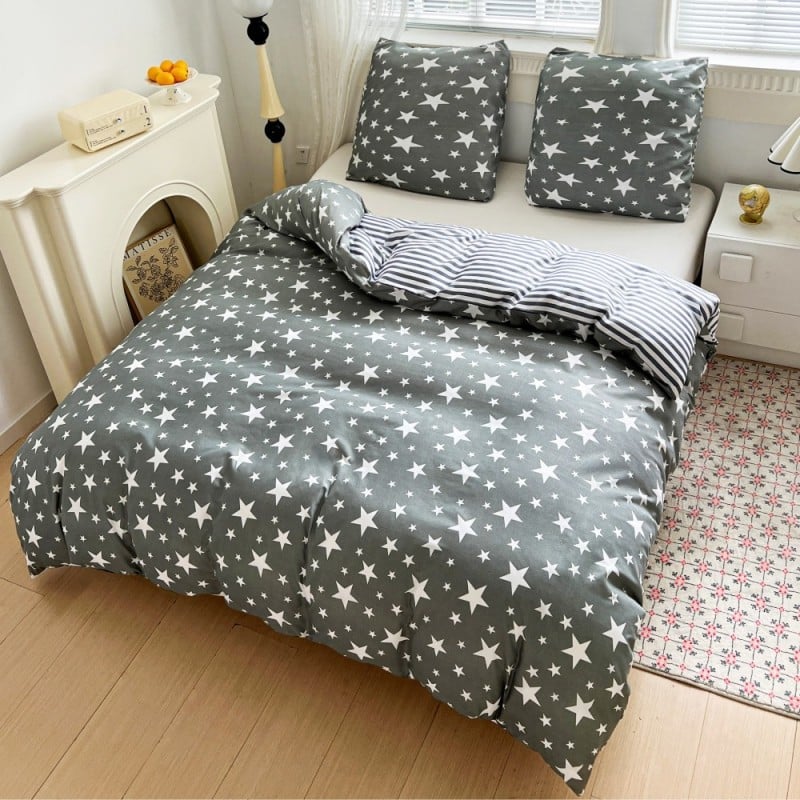 Pościel 160x200 bawełna satynowa dwustronna GierekHoff gruba 3 części GH 3103 szara w gwiazdki