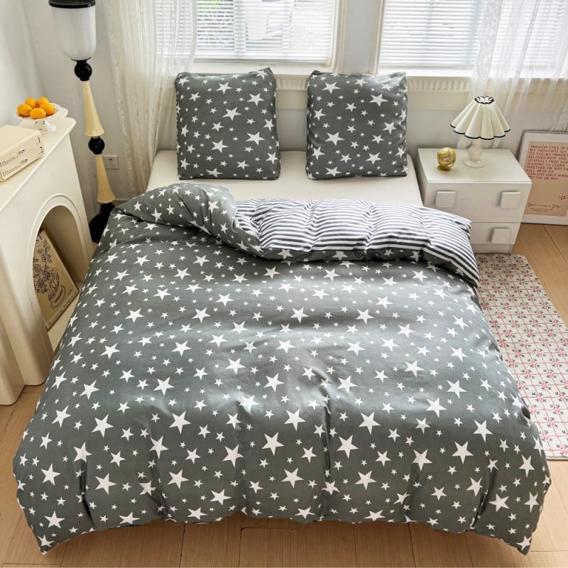 Pościel 200x220 bawełna satynowa dwustronna GierekHoff gruba 3 części GH 3103 szara w gwiazdki