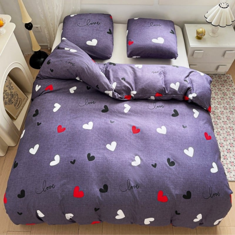 Pościel 160x200 bawełna satynowa dwustronna GierekHoff gruba 3 części GH 3104 fioletowa w serduszka