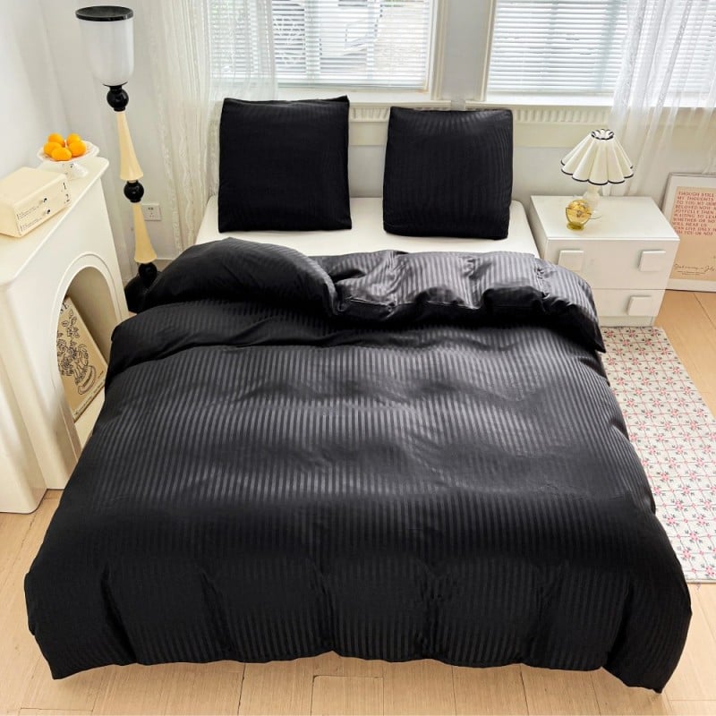 Pościel 160x200 adamaszek bawełna satynowa GierekHoff gruba 3 części GH 3112 hotelowa czarna w paski