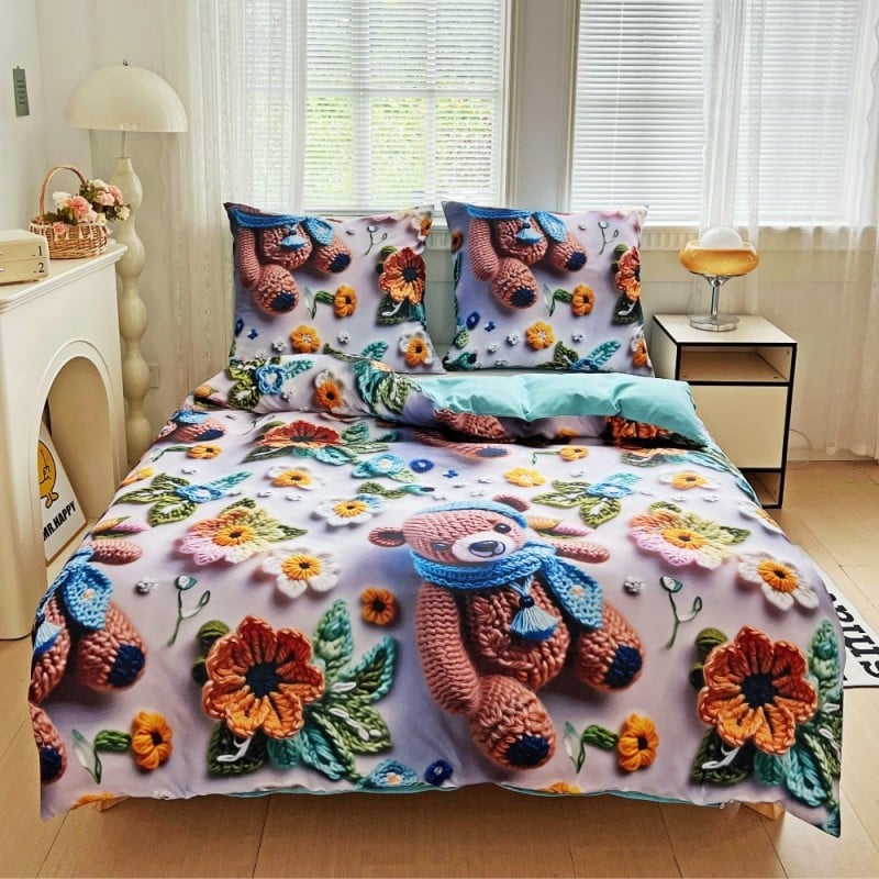 Pościel 140x200 bawełna satynowa wzór 5D dwustronna GierekHoff gruba 2 części GH 3114 dziergany miś