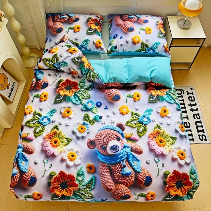 Pościel 160x200 bawełna satynowa wzór 5D dwustronna GierekHoff gruba 3 części GH 3114 dziergany miś