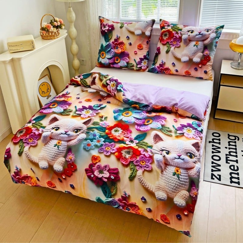 Pościel 140x200 bawełna satynowa wzór 5D dwustronna GierekHoff gruba 2 części GH 3114 dziergany kot