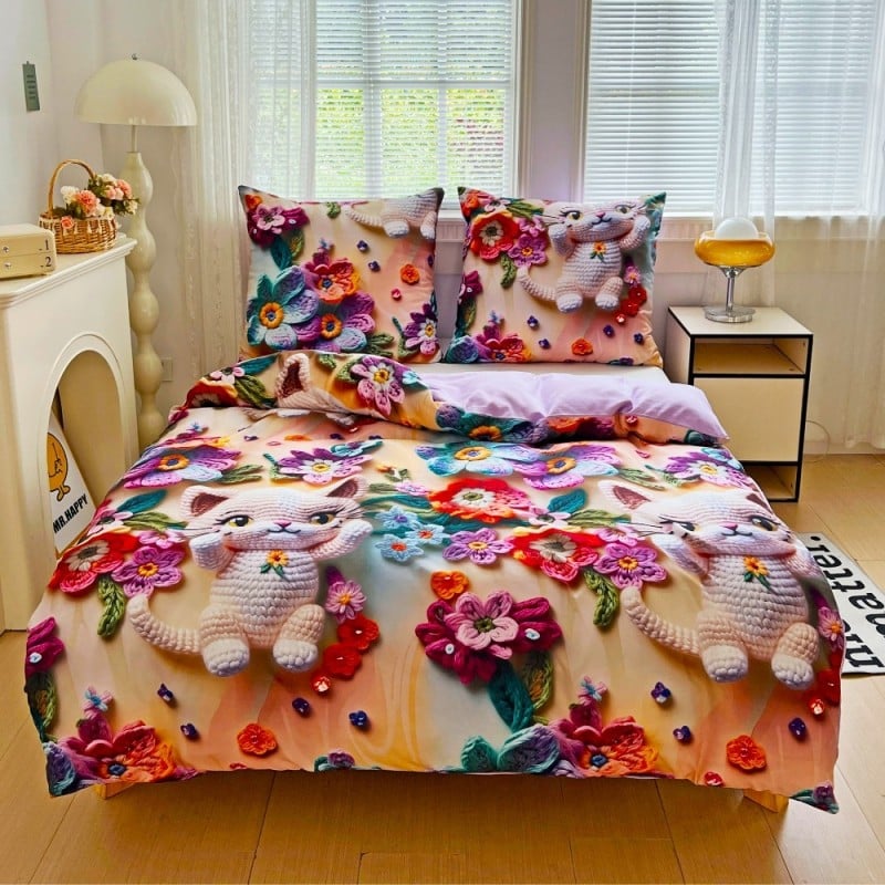 Pościel 140x200 bawełna satynowa wzór 5D dwustronna GierekHoff gruba 2 części GH 3114 dziergany kot