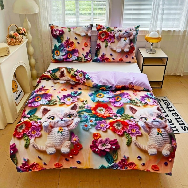 Pościel 160x200 bawełna satynowa wzór 5D dwustronna GierekHoff gruba 3 części GH 3114 dziergany kot