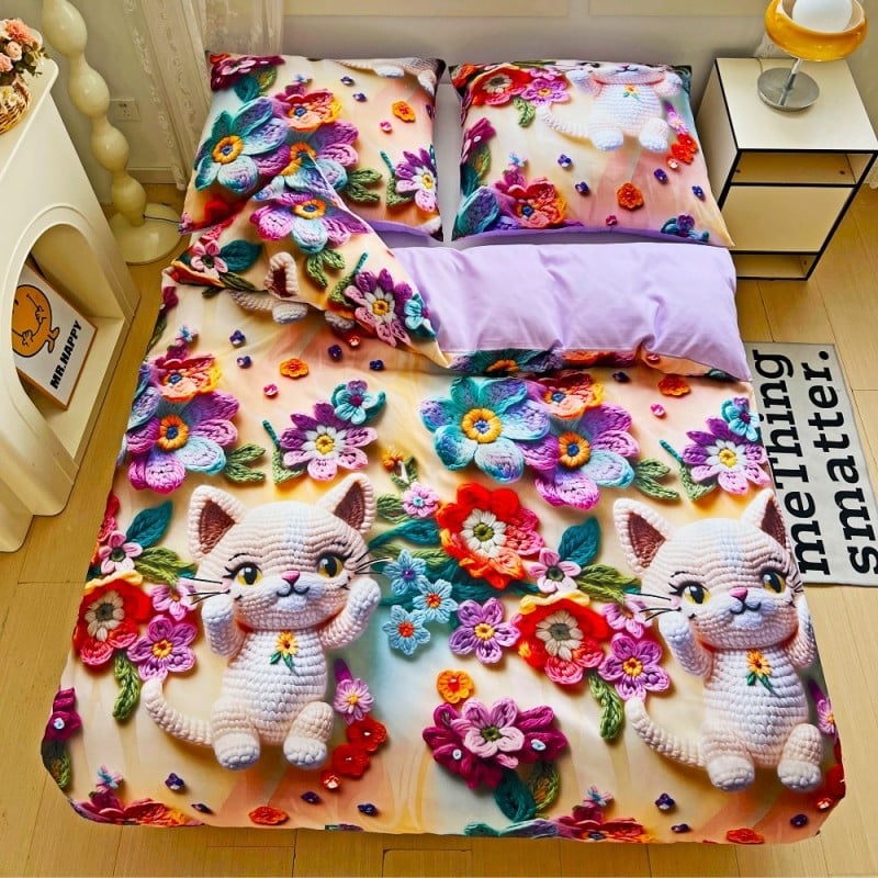 Pościel 160x200 bawełna satynowa wzór 5D dwustronna GierekHoff gruba 3 części GH 3114 dziergany kot