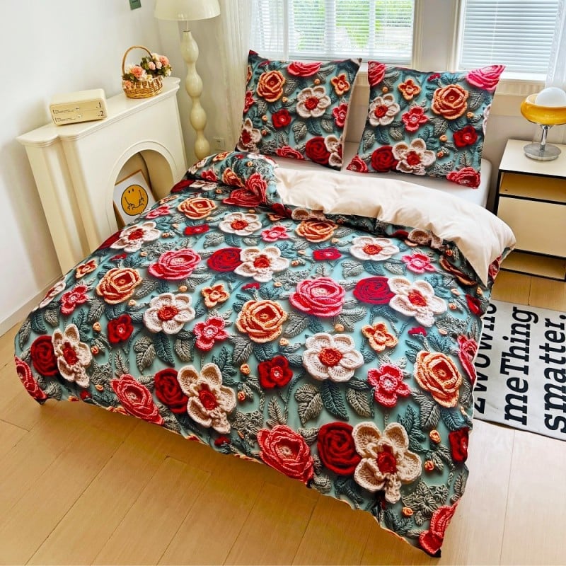 Pościel 200x220 bawełna satynowa wzór 5D dwustronna GierekHoff gruba 3 części GH 3116 dziergane róże