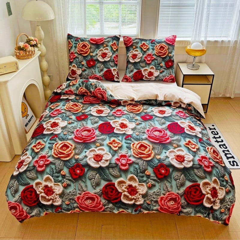 Pościel 200x220 bawełna satynowa wzór 5D dwustronna GierekHoff gruba 3 części GH 3116 dziergane róże