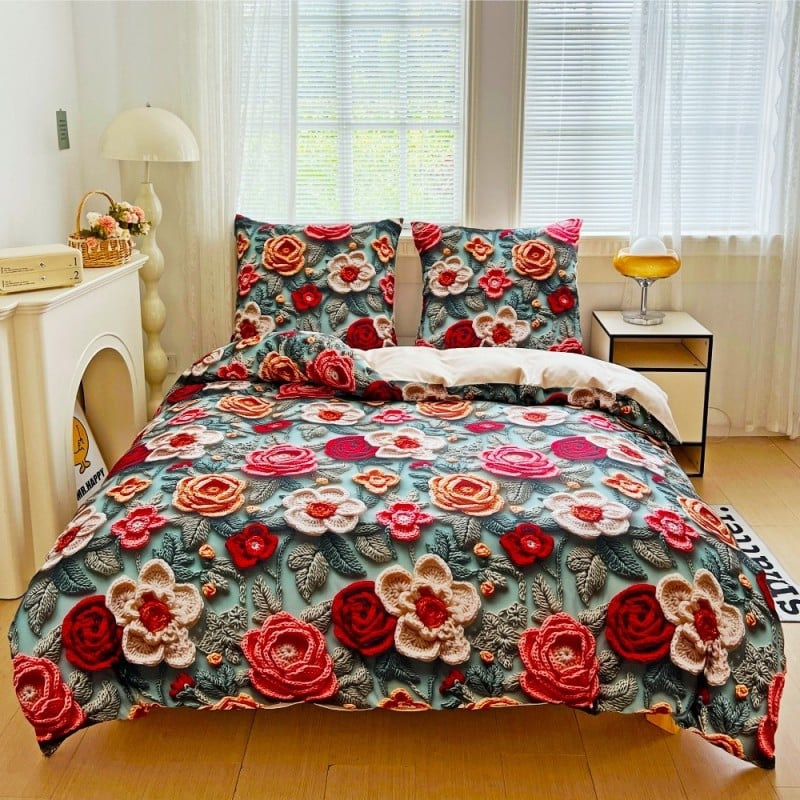 Pościel 200x220 bawełna satynowa wzór 5D dwustronna GierekHoff gruba 3 części GH 3116 dziergane róże