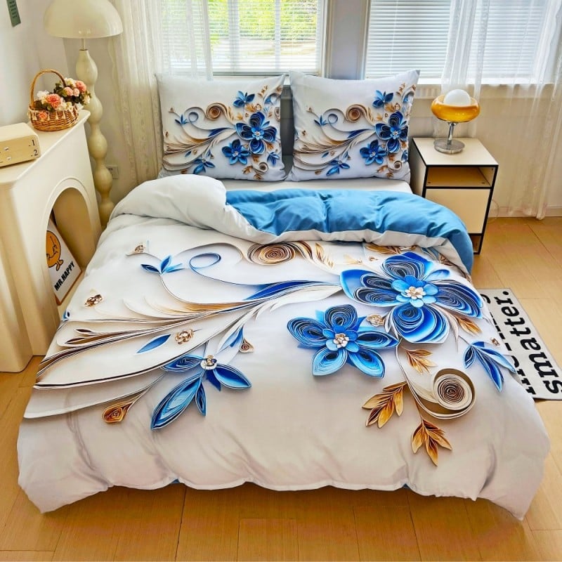 Pościel 140x200 bawełna satynowa wzór 5D dwustronna GierekHoff gruba 2 części GH 3117 artystyczny quilling niebieski kwiat