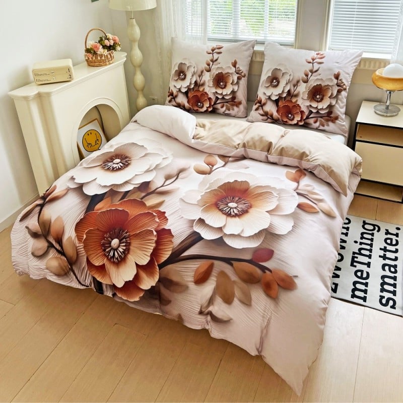 Pościel 140x200 bawełna satynowa wzór 5D dwustronna GierekHoff gruba 2 części GH 3118 beżowa kompozycja kwiatowa