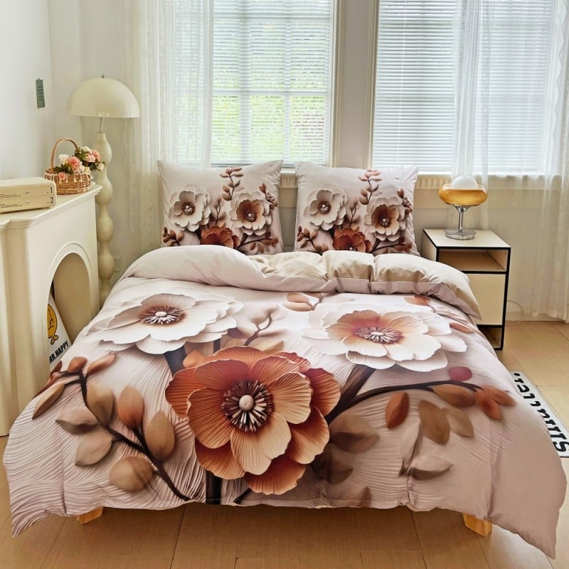 Pościel 160x200 bawełna satynowa wzór 5D dwustronna GierekHoff gruba 3 części GH 3118 beżowa kompozycja kwiatowa