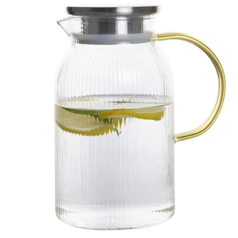 Szklany dzbanek do napojów 1,5 l z metalową pokrywką I złotą rączką tragar