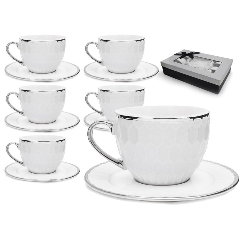 Filiżanki 280 ml ze spodkami do kawy herbaty na 6 osób serwis kawowy z srebrnym akcentem Tragar
