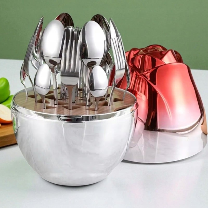 Komplet sztućców stal nierdzewna połysk Rosa Bella zestaw 24 elementy organizer kwiat jajko RB 731