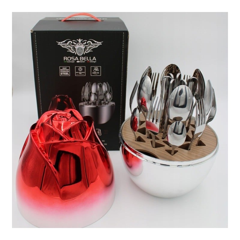 Komplet sztućców stal nierdzewna połysk Rosa Bella zestaw 24 elementy organizer kwiat jajko RB 731