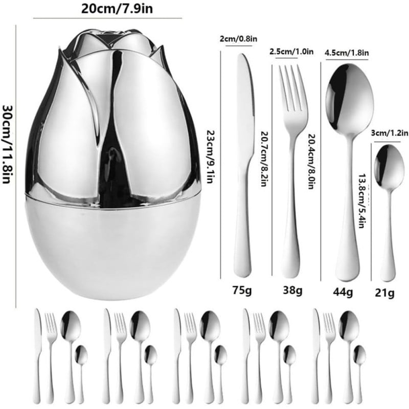 Komplet sztućców stal nierdzewna połysk Rosa Bella zestaw 24 elementy organizer kwiat jajko RB 735