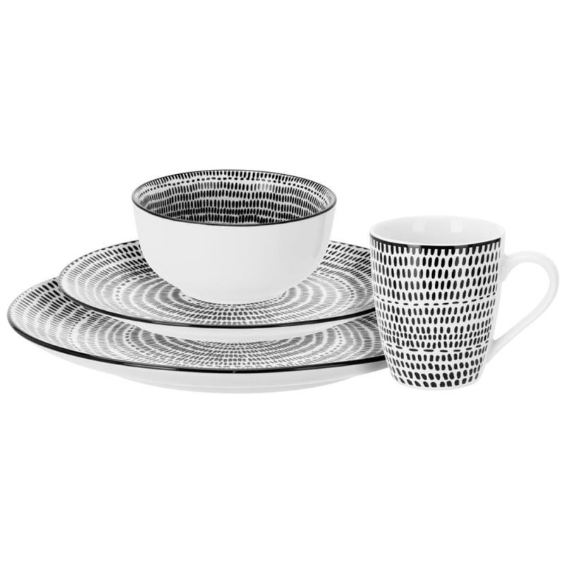 Serwis obiadowy 16 elementów Staccato porcelana zestaw talerzy kubków dla 4 osób talerze czarno-białe