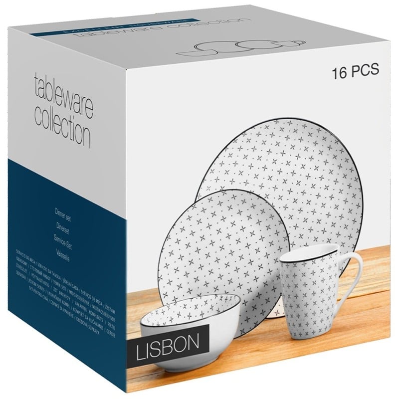 Serwis obiadowy 16 elementów Lisbon porcelana zestaw talerzy kubków dla 4 osób talerze czarno-białe